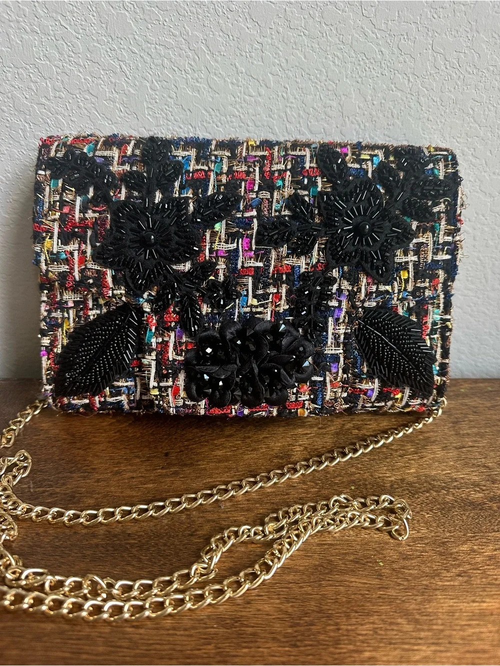 Sondra Roberts Tweed Floral Beaded Chain Crossbody Bag - Black Multi